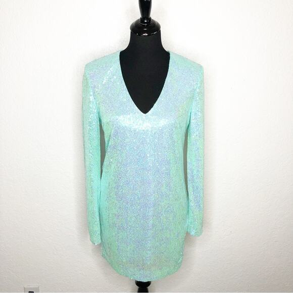 Badgley Mischka aqua sequin v neck tunic top size Extra Small XS NWT mermaid - Picture 2 of 16